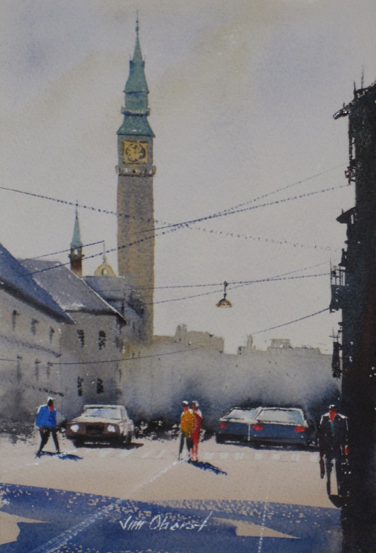 landscape, city, copenhagen, denmark, scandinavia, europe, original watercolor painting, oberst